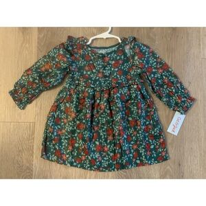 (NWT) Cat & Jack Girls Size 2T Green & Red Floral Holiday Dress With Gold Flecks